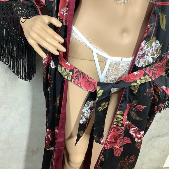 🌸KIMONO ROBE LONG MAXI FLOWER BOHO FRINGE SILK - Picture 8 of 12